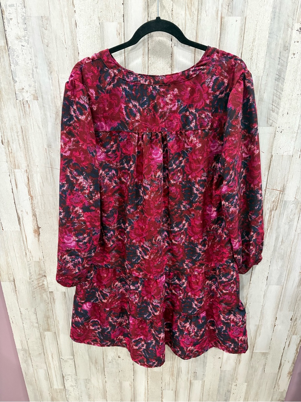 Time and Tru Floral Tiered Dress Size L Boho Burgundy Pink Long Sleeve NWT - Picture 4 of 7
